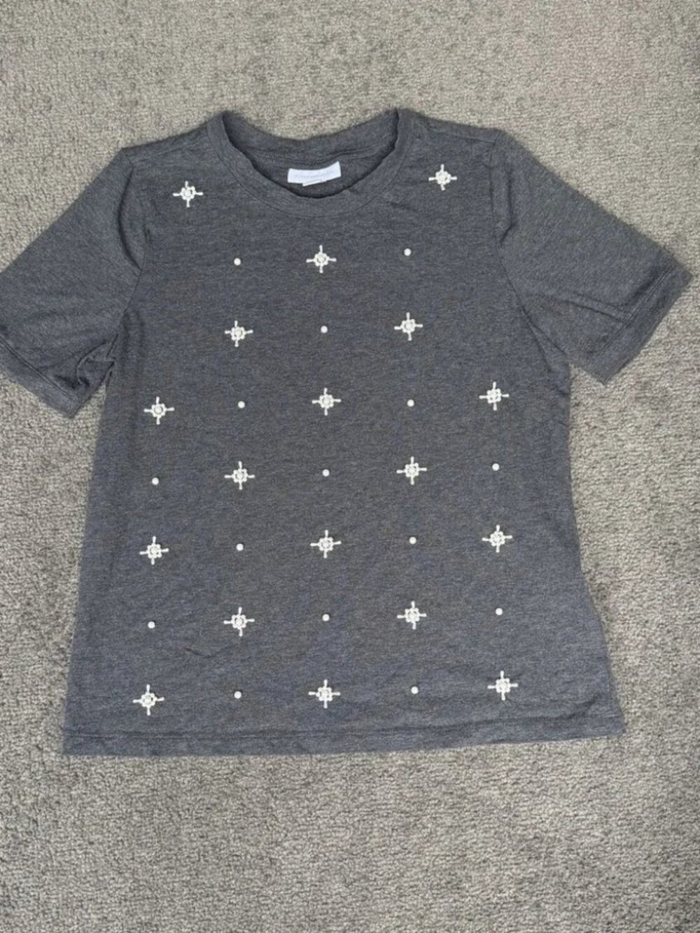 Charter Club Womens XS Gray Pearl Embellished Short Sleeve Knit Top Crew Neck